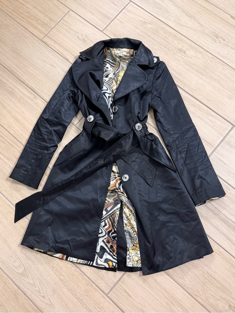 Caché Black Trench Coat Double Breasted Belted Pattern Lining Size S